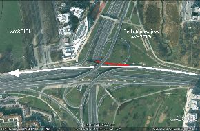 Trasa linii 739 w kierunku Piaseczna przez węzeł drogowy Wyścigi w kolorze białym i drogę wypadku w kolorze czerwonym